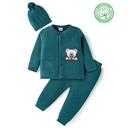 Babyhug Knitted Full Sleeves Front Open Sweater Set with Cap & Teddy Embroidery - Teal Blue