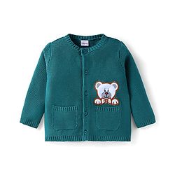 Babyhug Knitted Full Sleeves Front Open Sweater Set with Cap & Teddy Embroidery - Teal Blue
