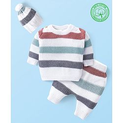 Babyhug Cotton Knit Full Sleeves Striped Pullover Sweater Set With Cap - White