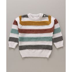 Babyhug Cotton Knit Full Sleeves Striped Pullover Sweater Set With Cap - White