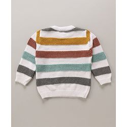 Babyhug Cotton Knit Full Sleeves Striped Pullover Sweater Set With Cap - White
