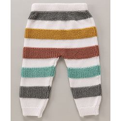 Babyhug Cotton Knit Full Sleeves Striped Pullover Sweater Set With Cap - White