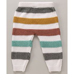 Babyhug Cotton Knit Full Sleeves Striped Pullover Sweater Set With Cap - White