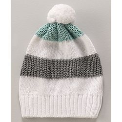Babyhug Cotton Knit Full Sleeves Striped Pullover Sweater Set With Cap - White