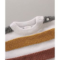 Babyhug Cotton Knit Full Sleeves Striped Pullover Sweater Set With Cap - White