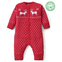 Babyhug Cotton Sweater Knit Full Sleeves Winter Wear Romper with Reindeer Design - Red