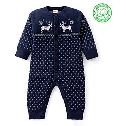 Babyhug Knitted Full Sleeves Winter Wear Romper With Christmas Theme -Navy Blue