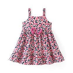 Babyhug 100% Cotton Knit Sleeveless  Frock With Floral Print & Bow Applique- Blue