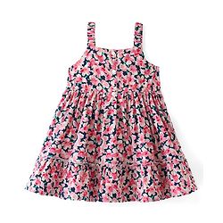 Babyhug 100% Cotton Knit Sleeveless  Frock With Floral Print & Bow Applique- Blue