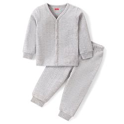 Babyhug Full Sleeves Solid Front Open Vest & Leggings Set - Light Grey