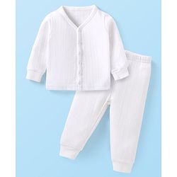 Babyhug Full Sleeves Solid Colour Front Open  Thermal Vest & Pant Set - Off White