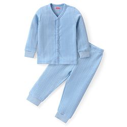 Babyhug Full Sleeves Solid Front Open Vest & Leggings Set - Blue