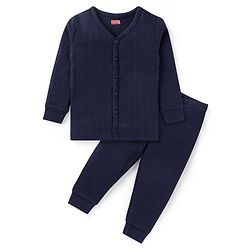 Babyhug Full Sleeves Solid Color Front Open Thermal Vest & Legging Set - Navy Blue