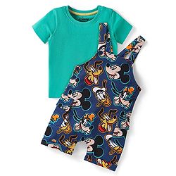 Babyhug Disney Cotton Knit Half Sleeves T-Shirt & Dungaree with Mickey Mouse Graphics - Navy Blue & Green
