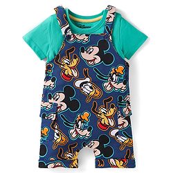 Babyhug Disney Cotton Knit Half Sleeves T-Shirt & Dungaree with Mickey Mouse Graphics - Navy Blue & Green