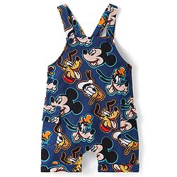 Babyhug Disney Cotton Knit Half Sleeves T-Shirt & Dungaree with Mickey Mouse Graphics - Navy Blue & Green