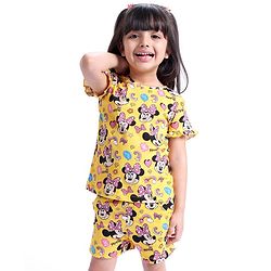 Babyhug Disney Single Jersey Half Sleeves Night Suit Minnie Mouse Print - Yellow