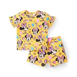 Babyhug Disney Single Jersey Half Sleeves Night Suit Minnie Mouse Print - Yellow