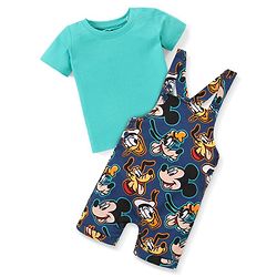 Babyhug Disney Cotton Knit Dungarees with Half Sleeves T-Shirt Mickey Mouse Print - Blue