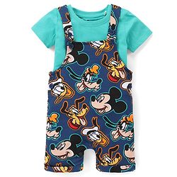 Babyhug Disney Cotton Knit Dungarees with Half Sleeves T-Shirt Mickey Mouse Print - Blue