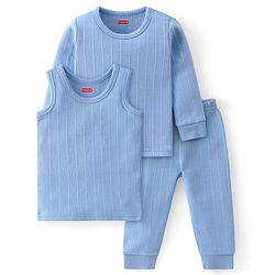Babyhug Full Sleeves Solid Thermal Vests & Pant Set of 3 - Blue