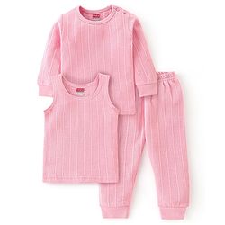 Babyhug Full Sleeves Solid Thermal Vests & Pant Set of 3 - Pink