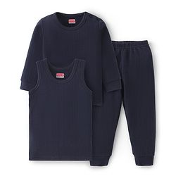 Babyhug Full Sleeves Solid Thermal Vests & Pant Set of 3 - Navy Blue