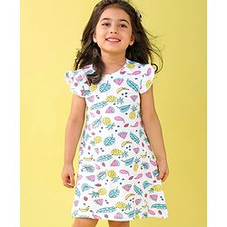 Babyhug Cotton Knit Cap Sleeve Nighty With Fruit Print - White