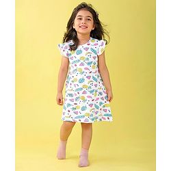 Babyhug Cotton Knit Cap Sleeve Nighty With Fruit Print - White