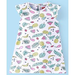 Babyhug Cotton Knit Cap Sleeve Nighty With Fruit Print - White