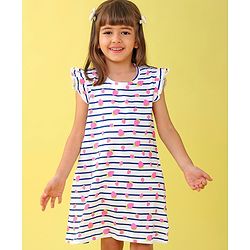 Babyhug Cotton Knit Cap Sleeve Nighty With Strawberry Print - White