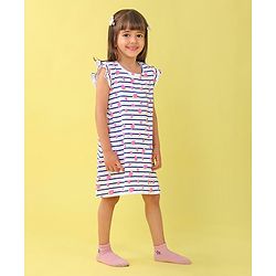 Babyhug Cotton Knit Cap Sleeve Nighty With Strawberry Print - White