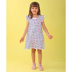 Babyhug Cotton Knit Cap Sleeve Nighty With Strawberry Print - White