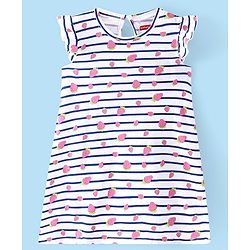 Babyhug Cotton Knit Cap Sleeve Nighty With Strawberry Print - White