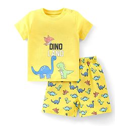 Babyhug Single Jersey Knit Half Sleeves Dino Printed Night Suit - Yellow