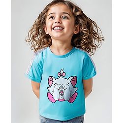 Babyhug Disney Cotton Knit Half Sleeves Oversized Drop Shoulders T-Shirt with Sequinned Detailing & Marie Graphic - Blue