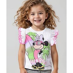 Babyhug Disney Cotton Knit Frill Sleeves T-Shirt with Minnie Mouse Graphics Print and Glitter Graphics - White