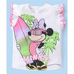 Babyhug Disney Cotton Knit Frill Sleeves T-Shirt with Minnie Mouse Graphics Print and Glitter Graphics - White