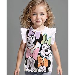 Babyhug Disney Cotton Knit Frill Sleeves Top  with Frill Detailing Minnie Mouse Graphics - White