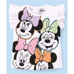 Babyhug Disney Cotton Knit Frill Sleeves Top  with Frill Detailing Minnie Mouse Graphics - White
