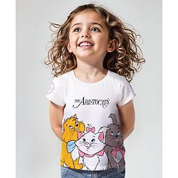 Babyhug Disney Cotton Knit Half Sleeves Top with Marie Graphics- White