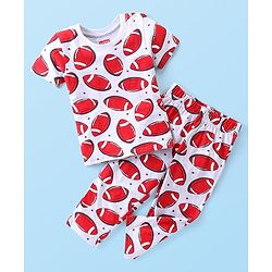 Babyhug Cotton Knit Half Sleeves Night Suit Rugby Ball Print - Grey