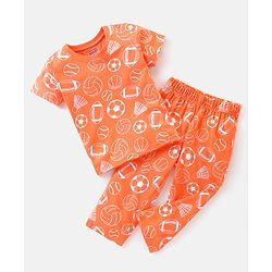 Babyhug Cotton Knit Half Sleeves Night Suit Football Print - Orange