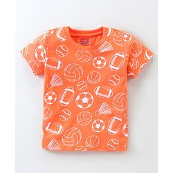 Babyhug Cotton Knit Half Sleeves Night Suit Football Print - Orange