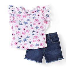 Babyhug Single Jersey Knit Frill Sleeves Top With Floral Print & Denim Shorts Set - White  & Blue