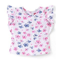 Babyhug Single Jersey Knit Frill Sleeves Top With Floral Print & Denim Shorts Set - White  & Blue