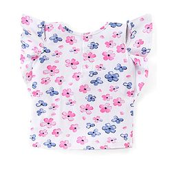 Babyhug Single Jersey Knit Frill Sleeves Top With Floral Print & Denim Shorts Set - White  & Blue
