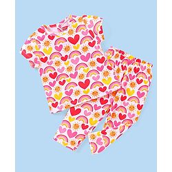 Babyhug Single Jersey Knit Half Sleeves Night Suit Heart Print - Pink