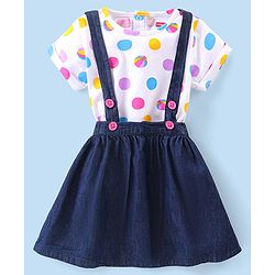 Babyhug Single Jersey Knit Half Sleeves Tops  With Polka Dot Print &  Denim Skirt  - White & Blue