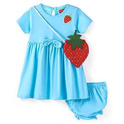 Babyhug Cotton Knit Half Sleeves Bow Detailing Strawberry Printed  Frock with Bloomer & Sling Bag - Light Blue